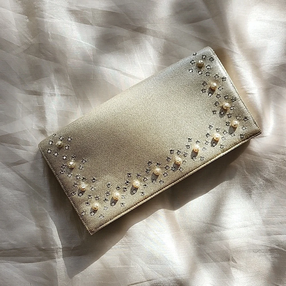 Vintage Magid Silver Gold Fabric Evening Clutch with Embellishment, $45